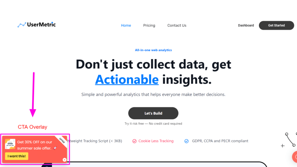 Screenshot of cta overlay on usermetric website