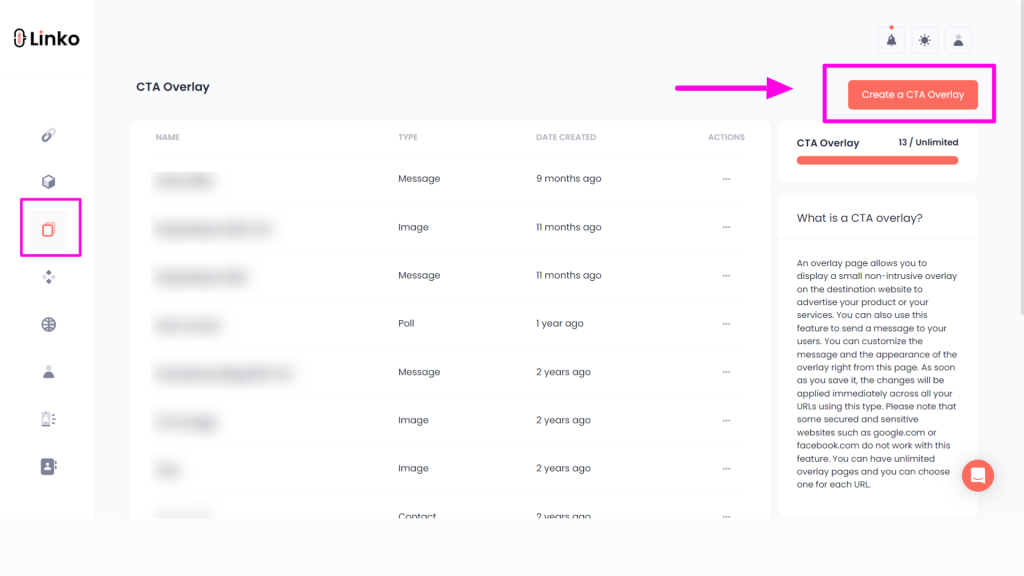 Screenshot of cta overlay feature at linko