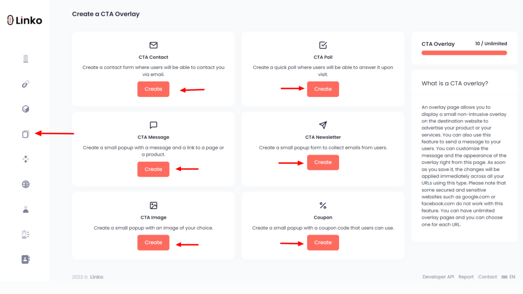 Screenshot of types of cta overlay