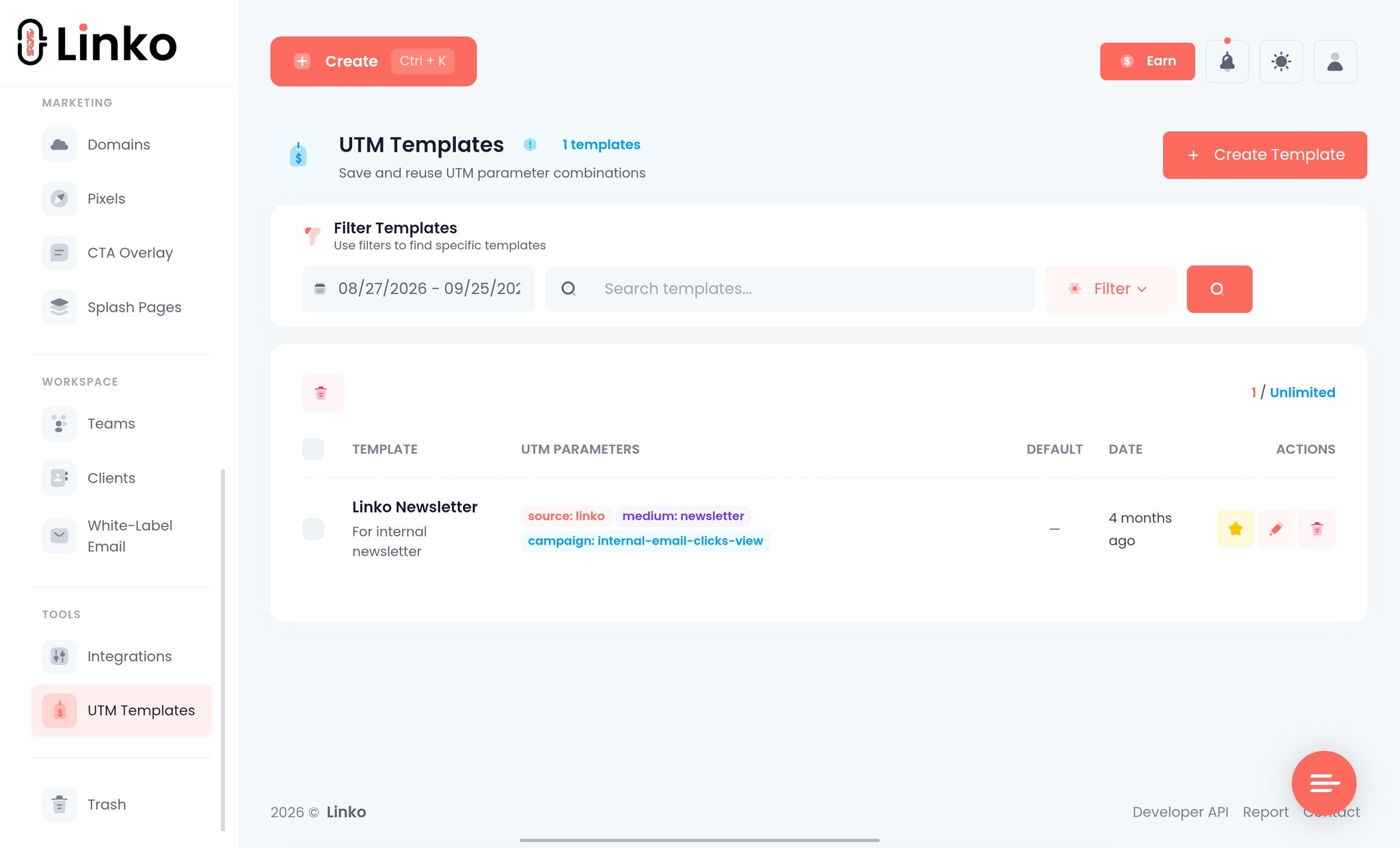 Linko UTM template feature dashboard 