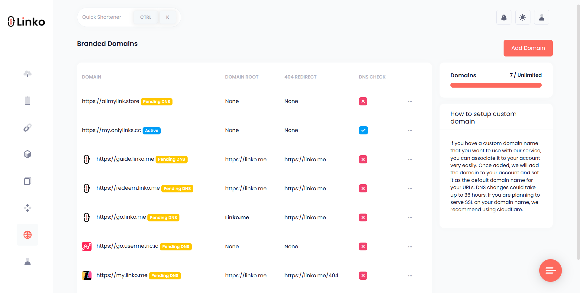 How to Track Links For Free: 8 Best Free Link Trackers 2 Linko's Branded Domains Section