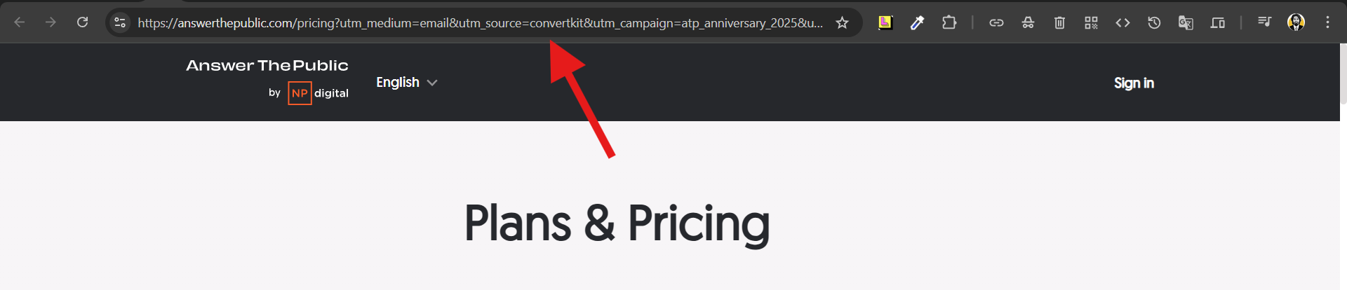 Answerthepublic Page Screenshot Highlighting the UTM Tags Used in The URL