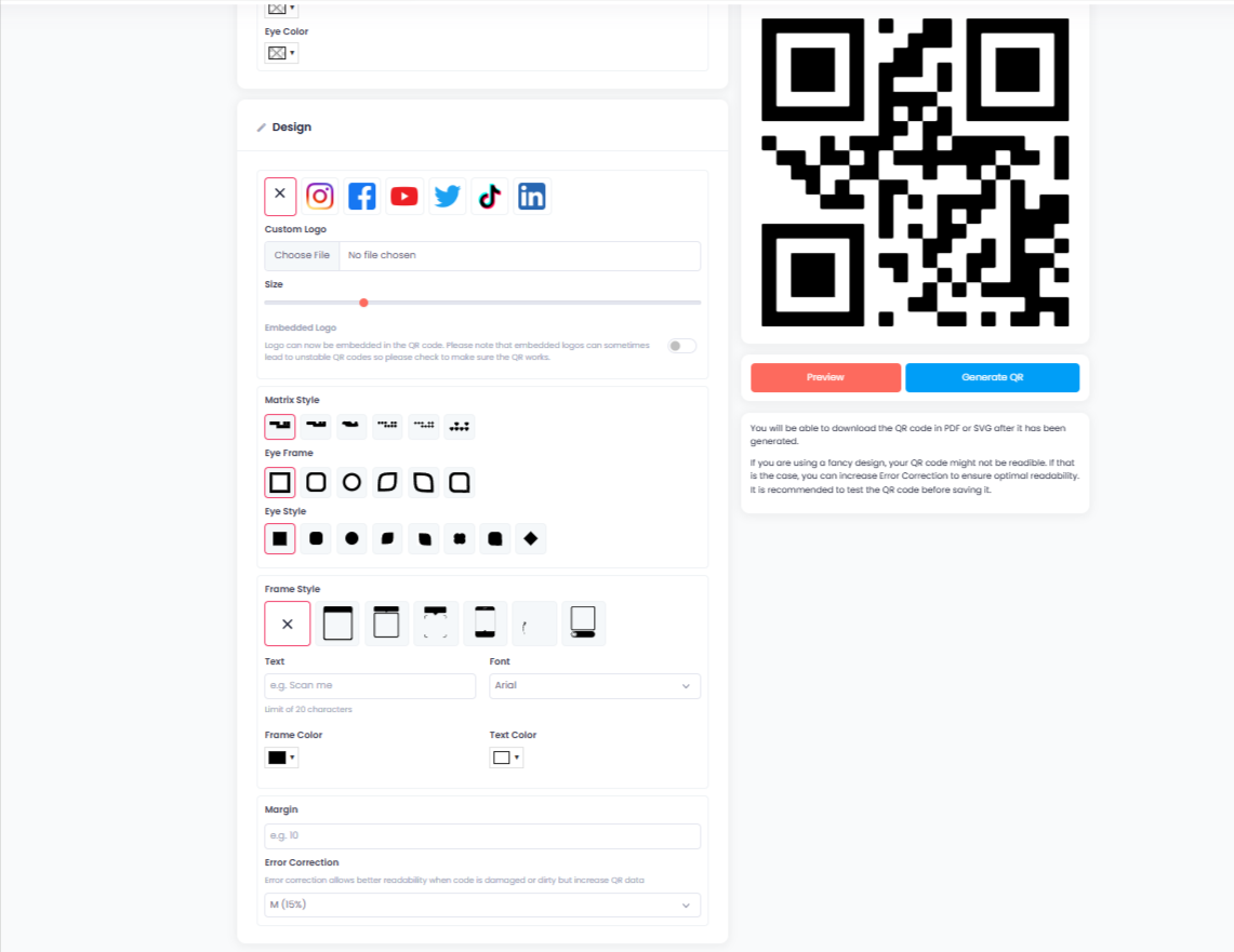 Create a QR Code For App Download - App QR Code Generator 7 QR code design options like logo, frame, eye frame, matrix, margin, and error correction.