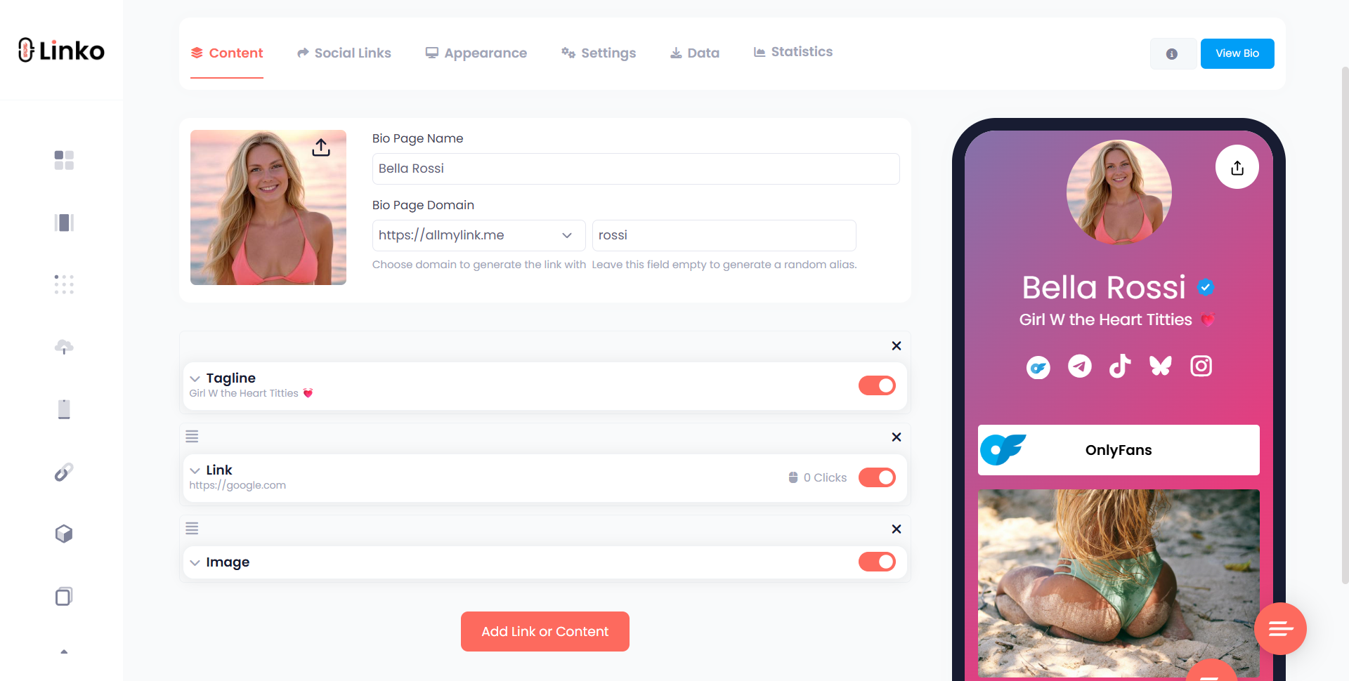StealthCreator.com Alternative For Bypassing Instagram Bans 2 Linko's Bio Page Creation Dashboard