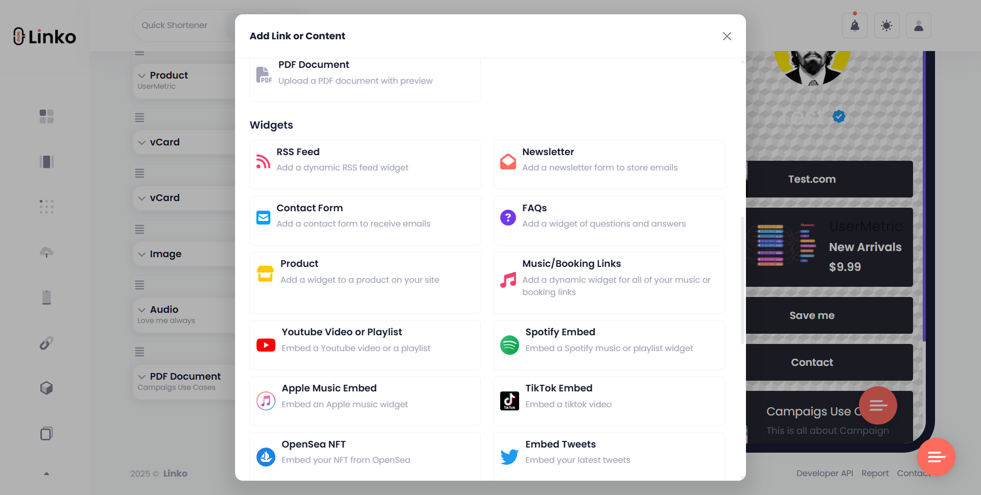 GetAllMyLinks.com Alternative for Creators & Marketers 5 Linko's Bio Page Widget Dashboard