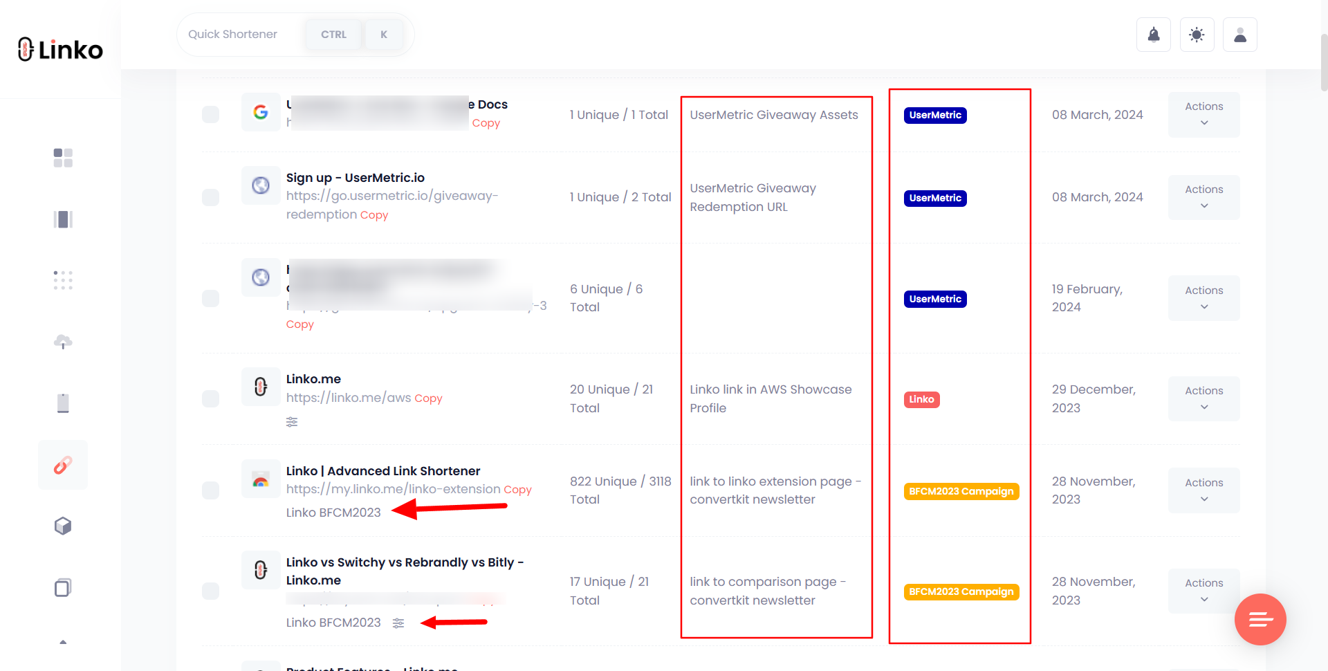 Benefits of Using Short URLs on Social Media (18+ Reasons) 5 Short Links Grouped by Channel and Campaign at Linko