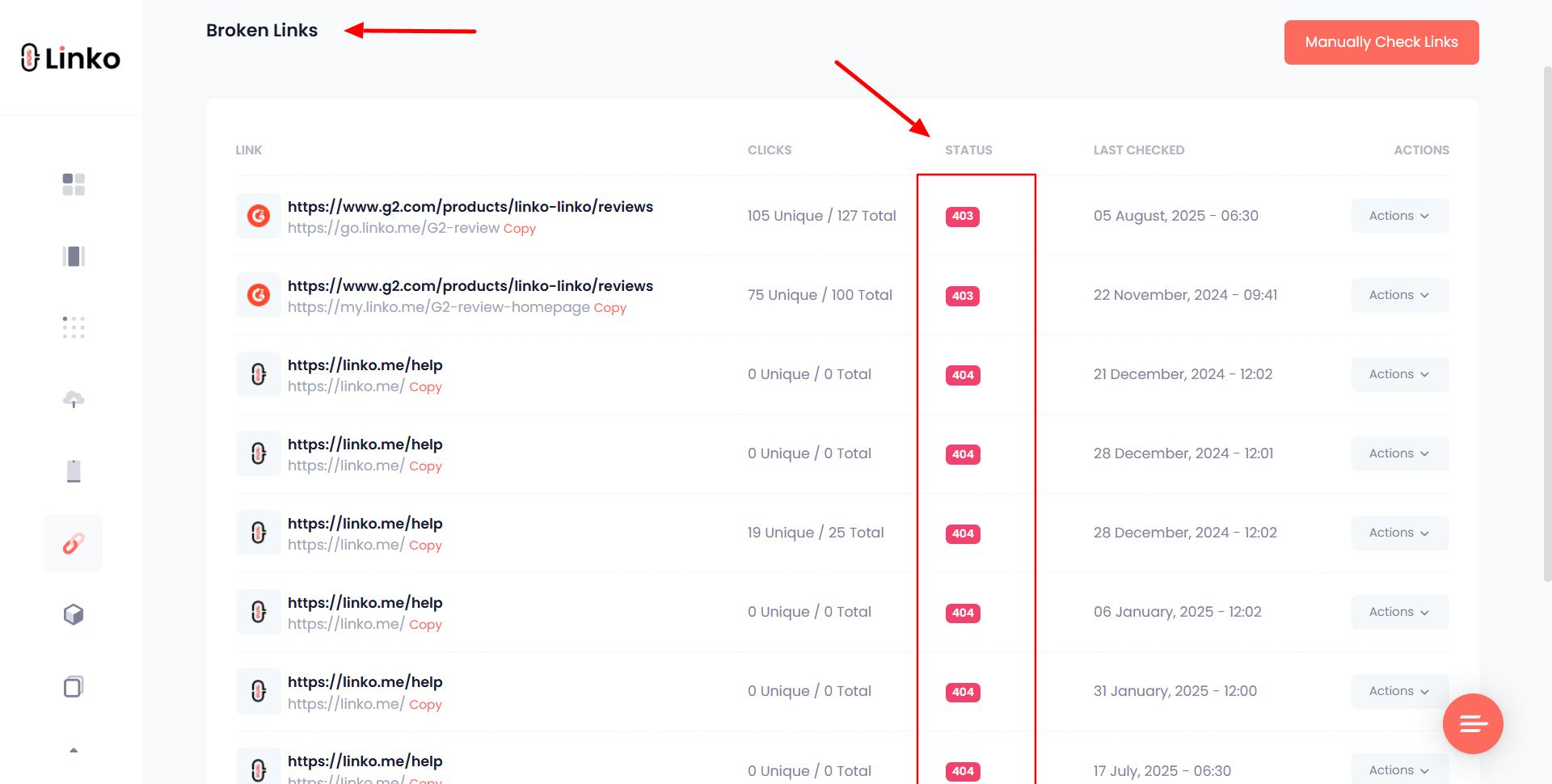 Broken Links Tab at Linko