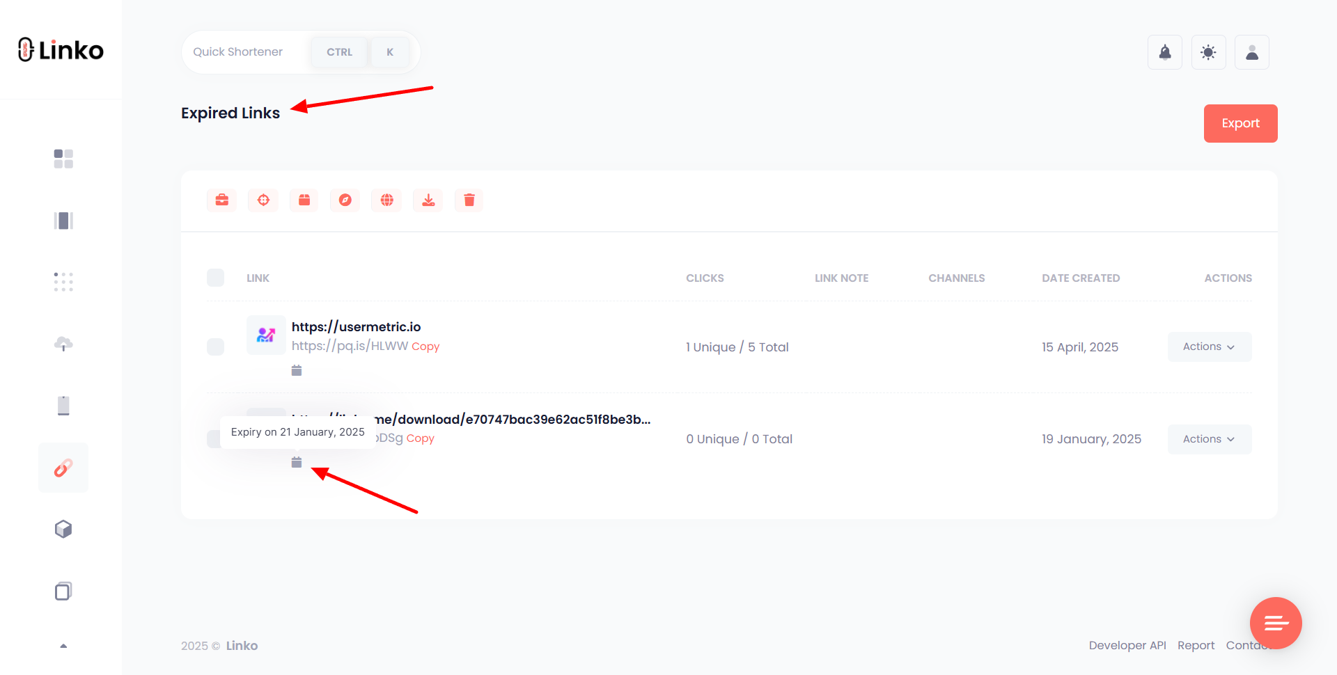 Expired Links Tab at Linko