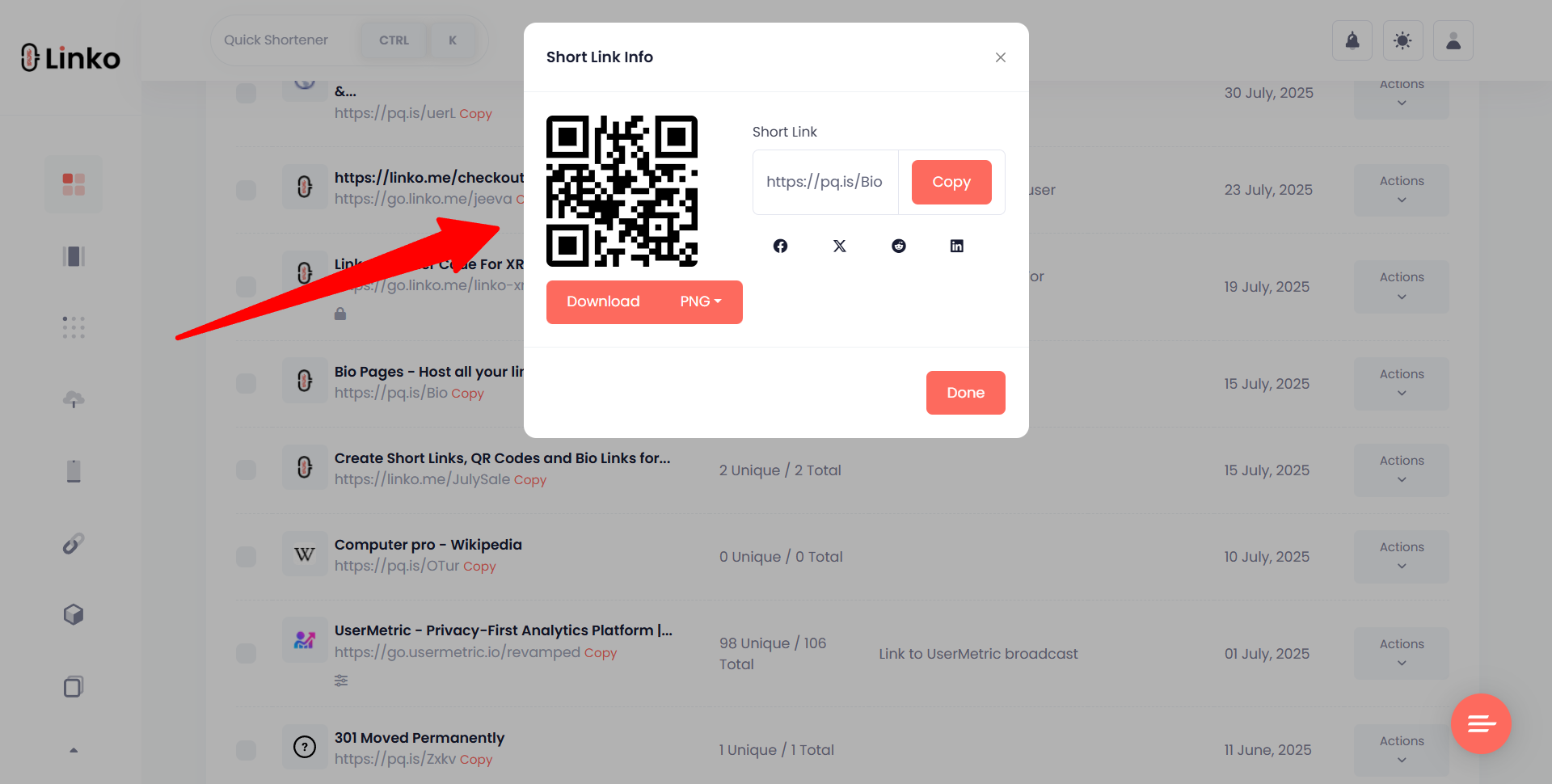 10 Benefits of URL Shortener & Why You Need One Today 9 Linko's short link generated with automatic QR code