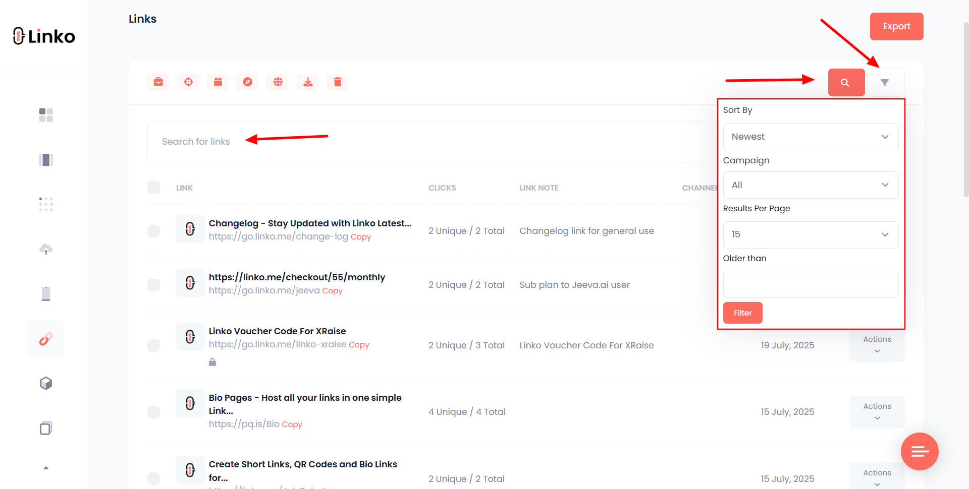 Search and Filtering Options For Links at Linko