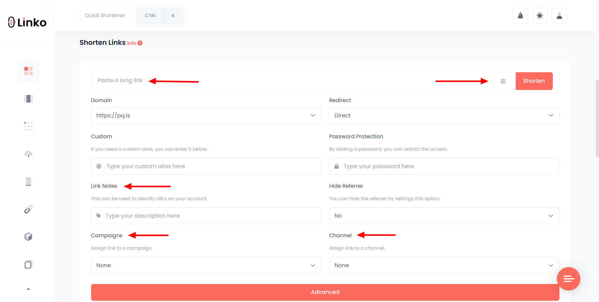 Selecting Campaigns, Channels, or Adding a Note to Short Links