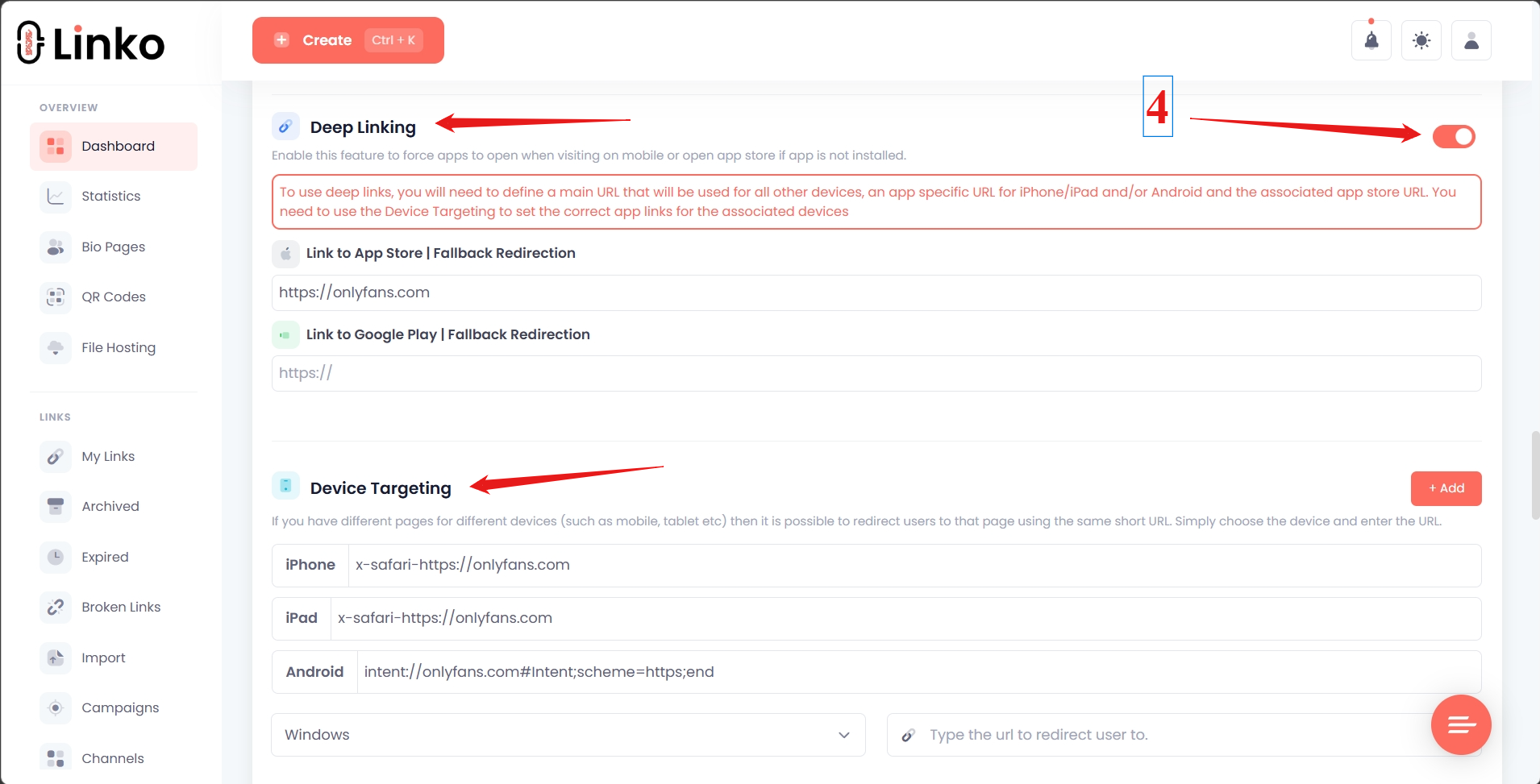 Deep linking toggle enabled in Linko settings