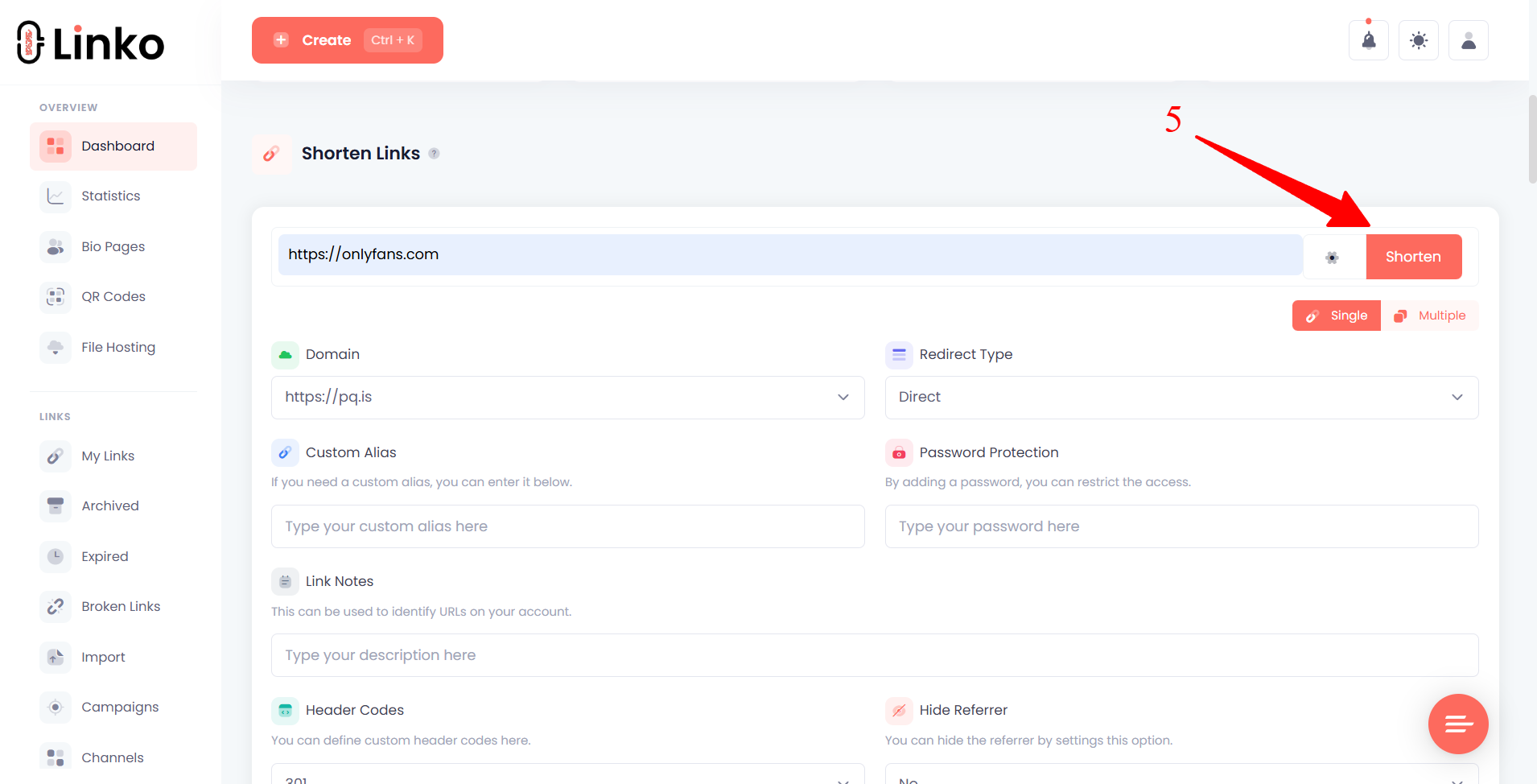 Completed deep link creation showing the shortened URL ready to copy
