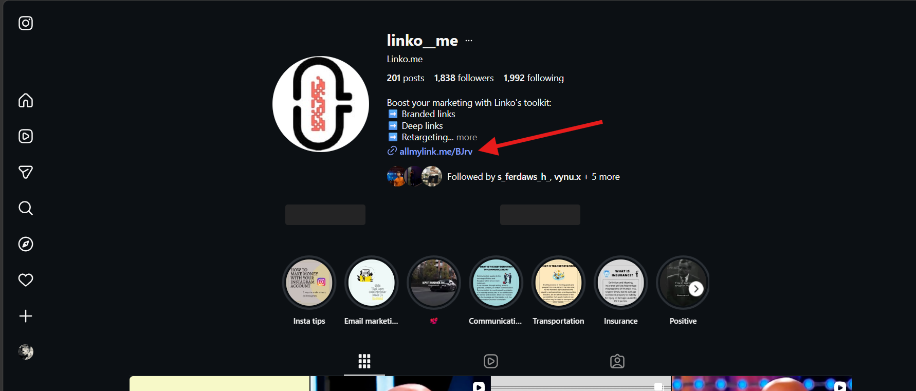 Linko's Instagram Profile With Deep Link in the Bio