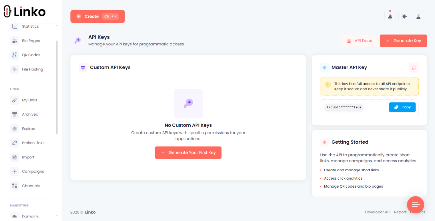 Linko API Keys Page