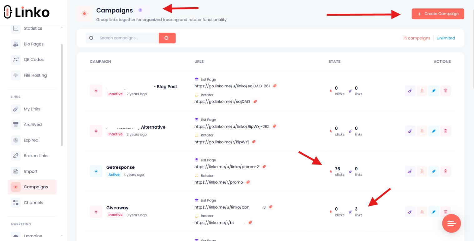 Linko campaigns page