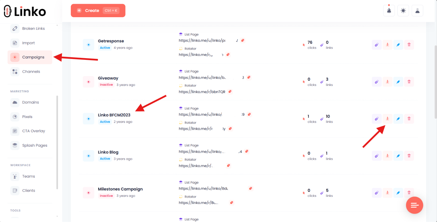 Linko campaigns page