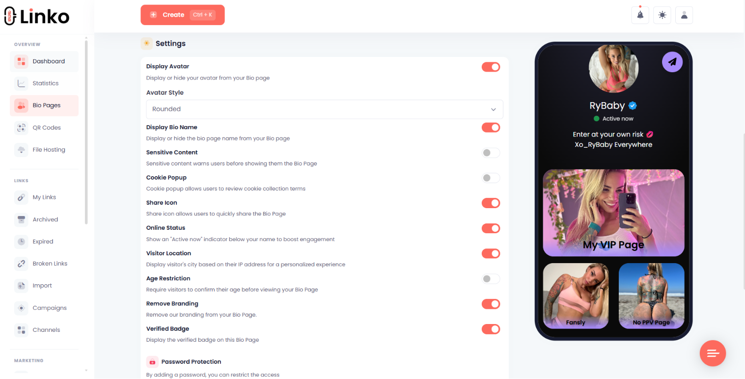 Linko Bio Page Settings Tab