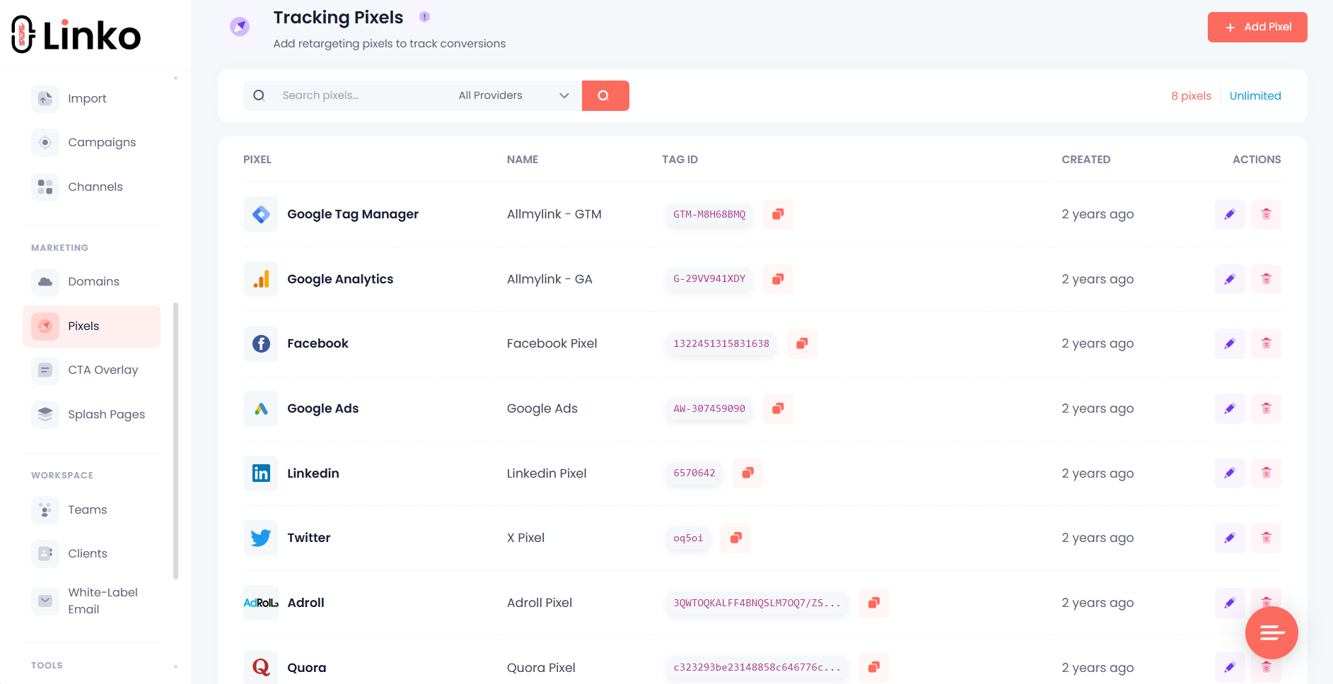 Linko Retargeting Pixels Page