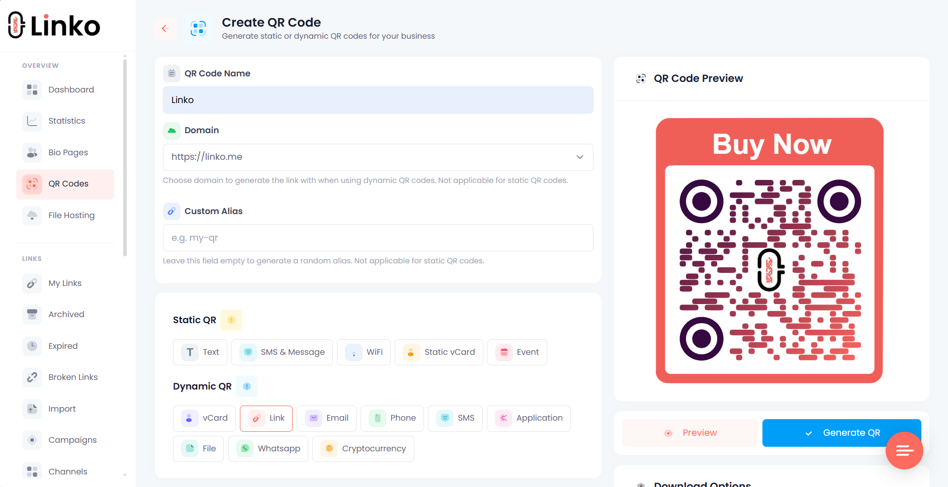 Linko QR Code Generator Dashboard