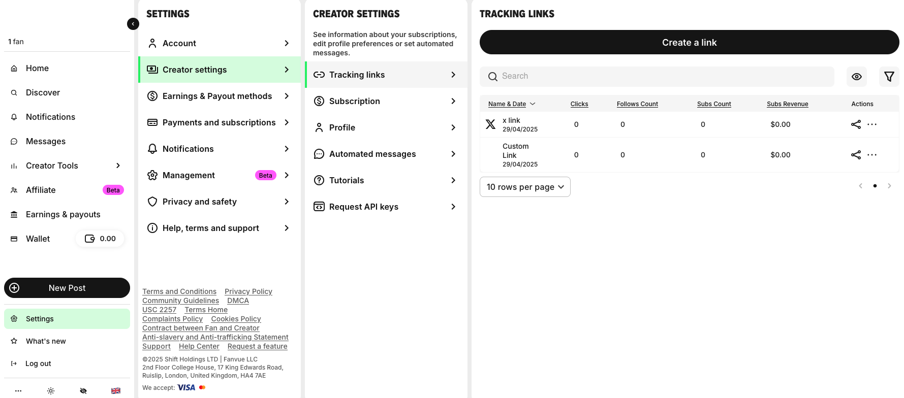 Fanvue tracking links page