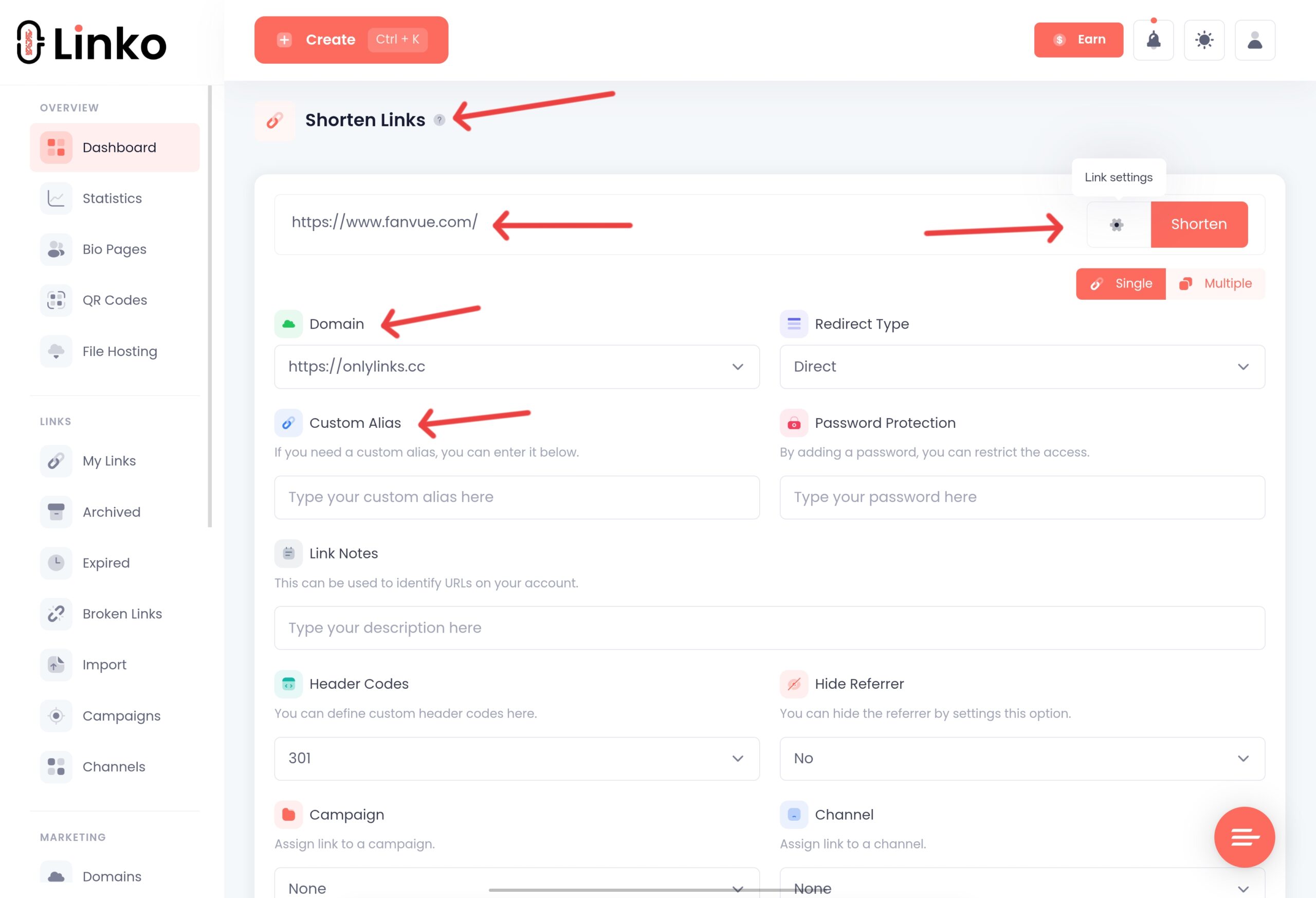 Creating a short link at Linko 