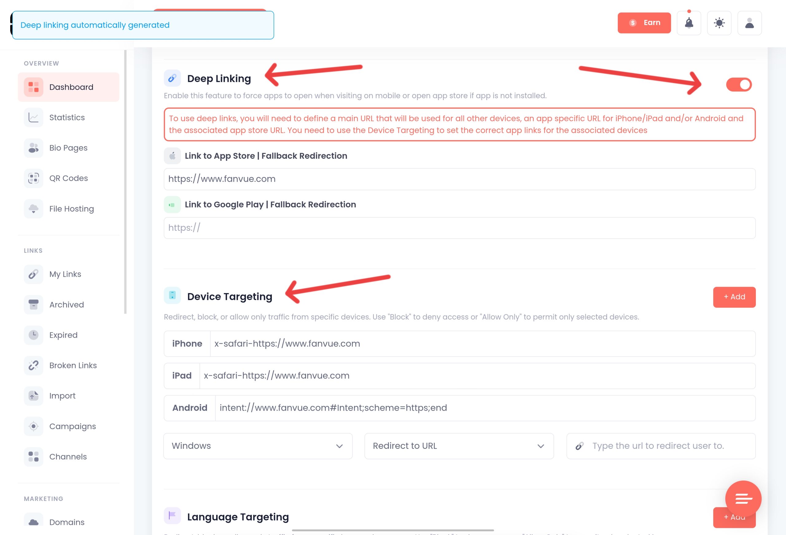 Enable Deep Linking for Fanvue Link