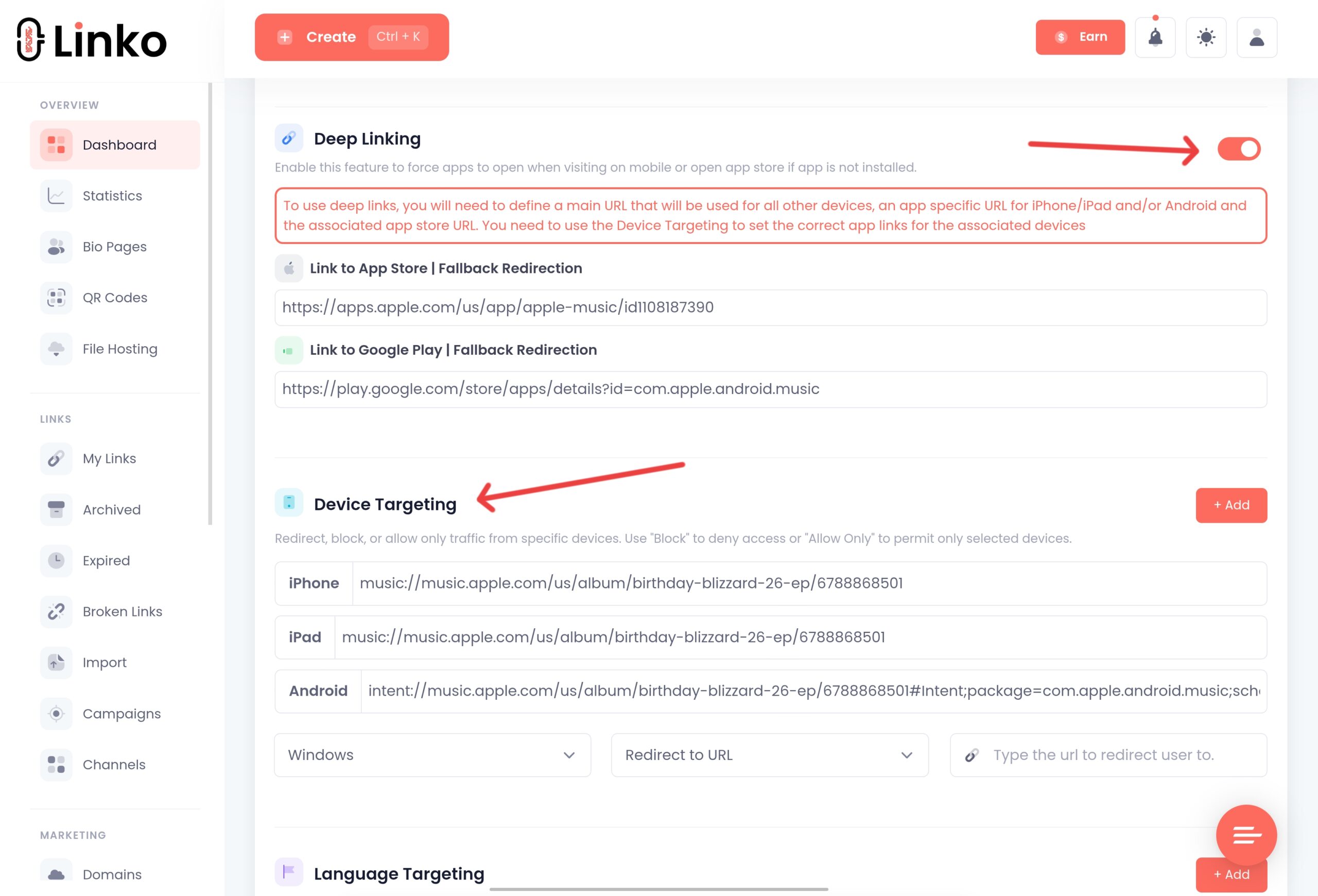 Creating apple music deep link at Linko 