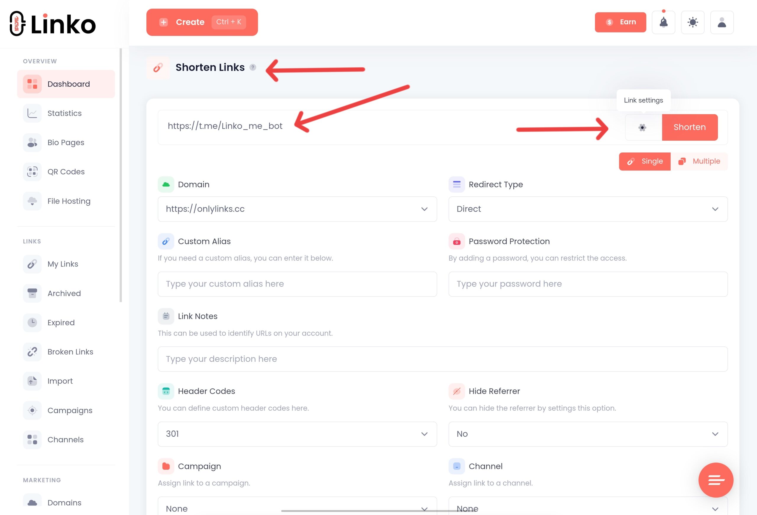 Creating telegram deep link at Linko 