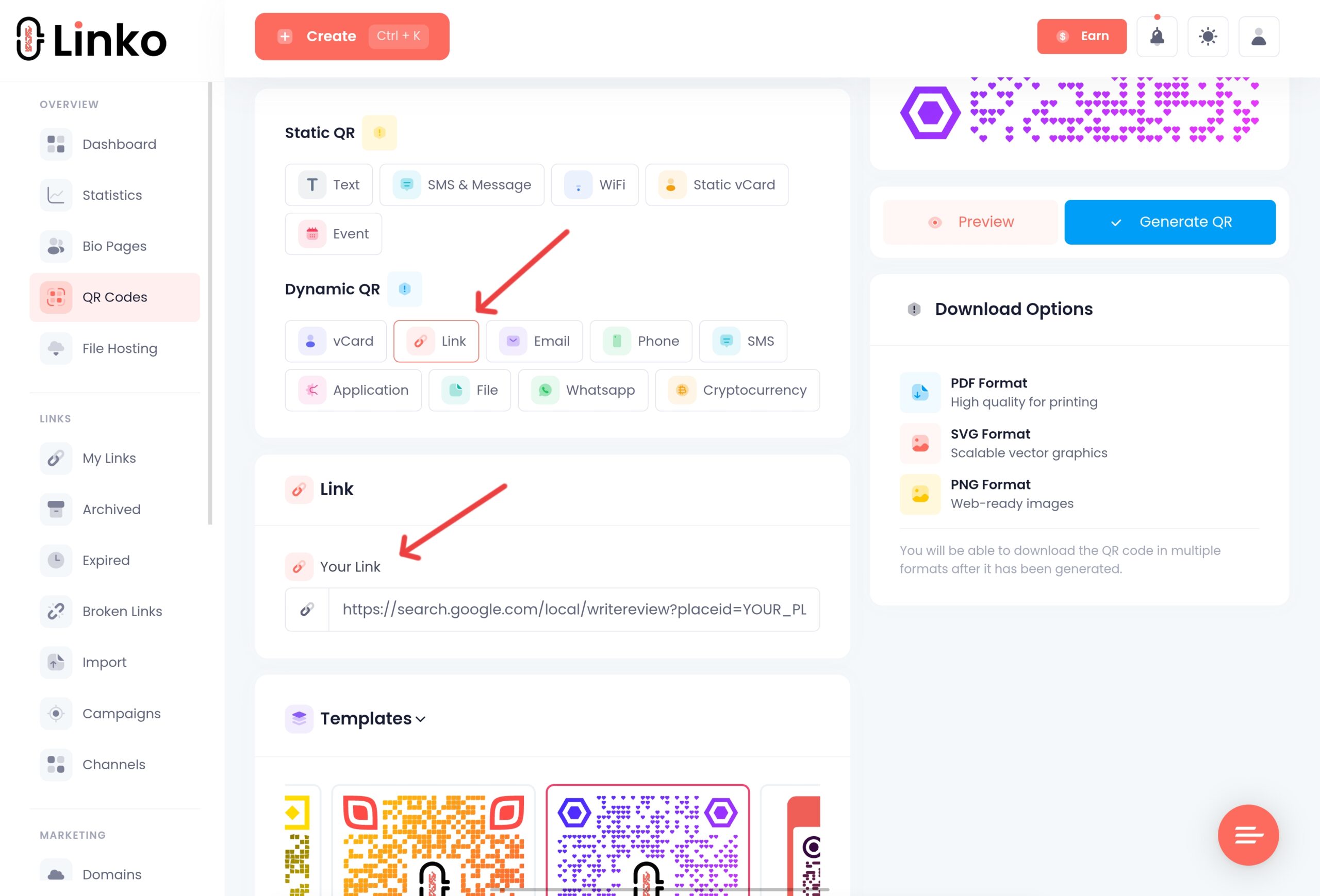 Linko Dynamic QR Code Generator Editor