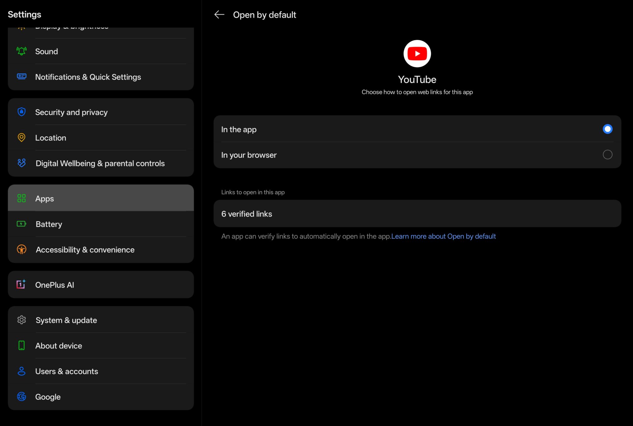 Fixing YouTube open supported links in app management settings.