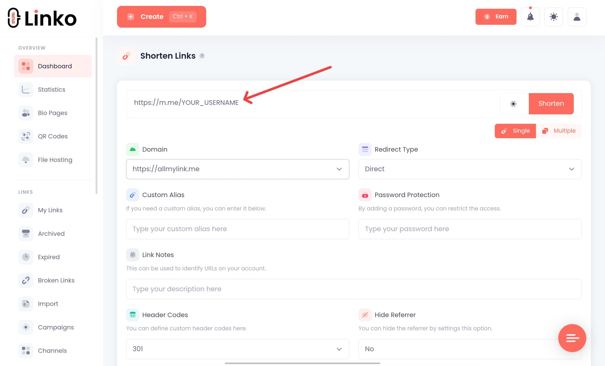 Creating a short link for m.me link