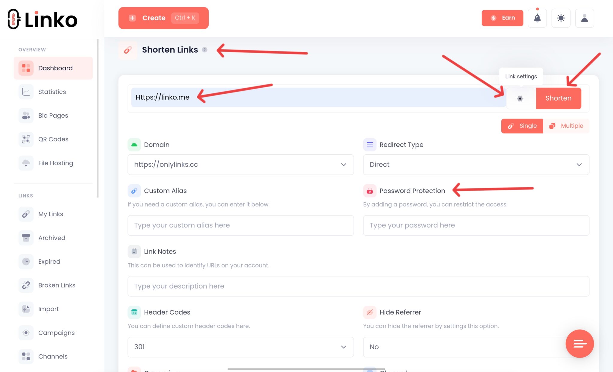Creating a password protected short link at Linko. 