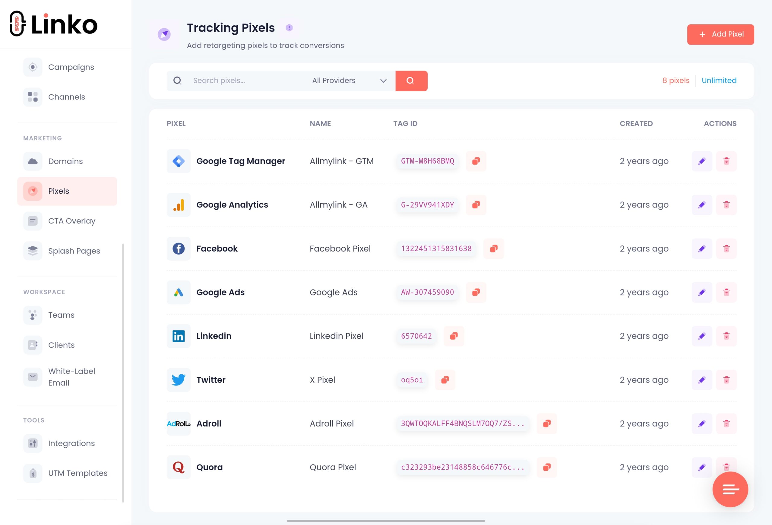 Adding retargeting pixel into linko