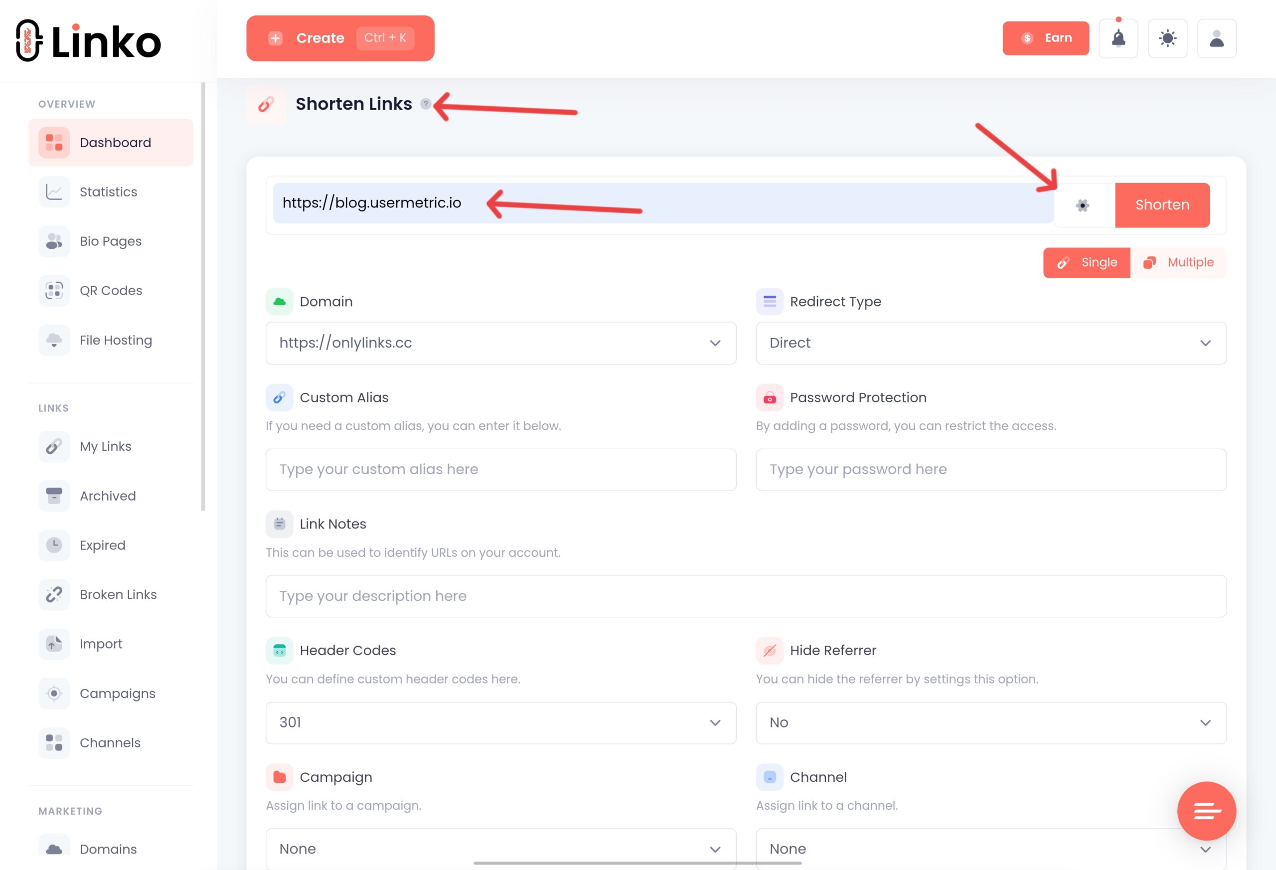 Adding a link for shortening with retargeting pixel 