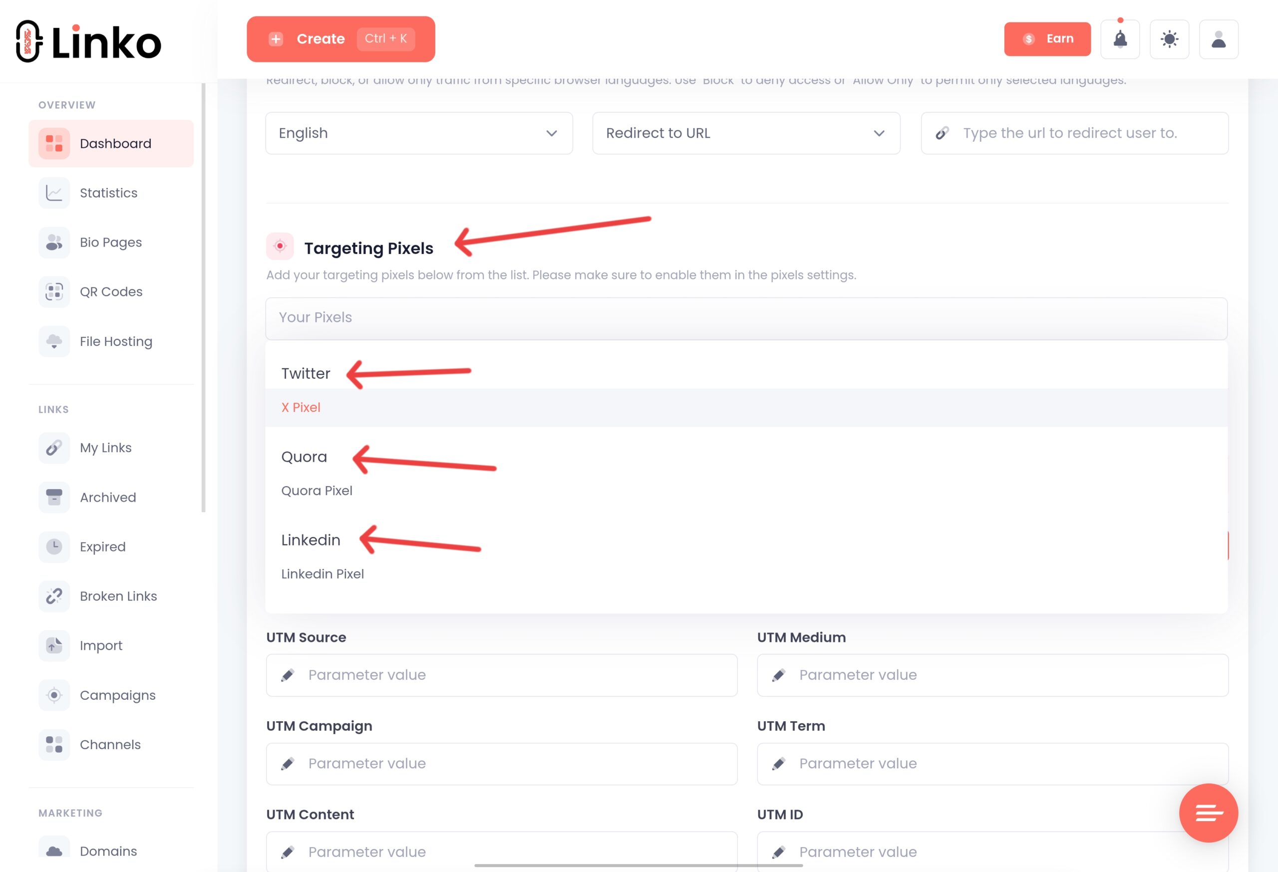 Selecting a retargeting pixel for the short link