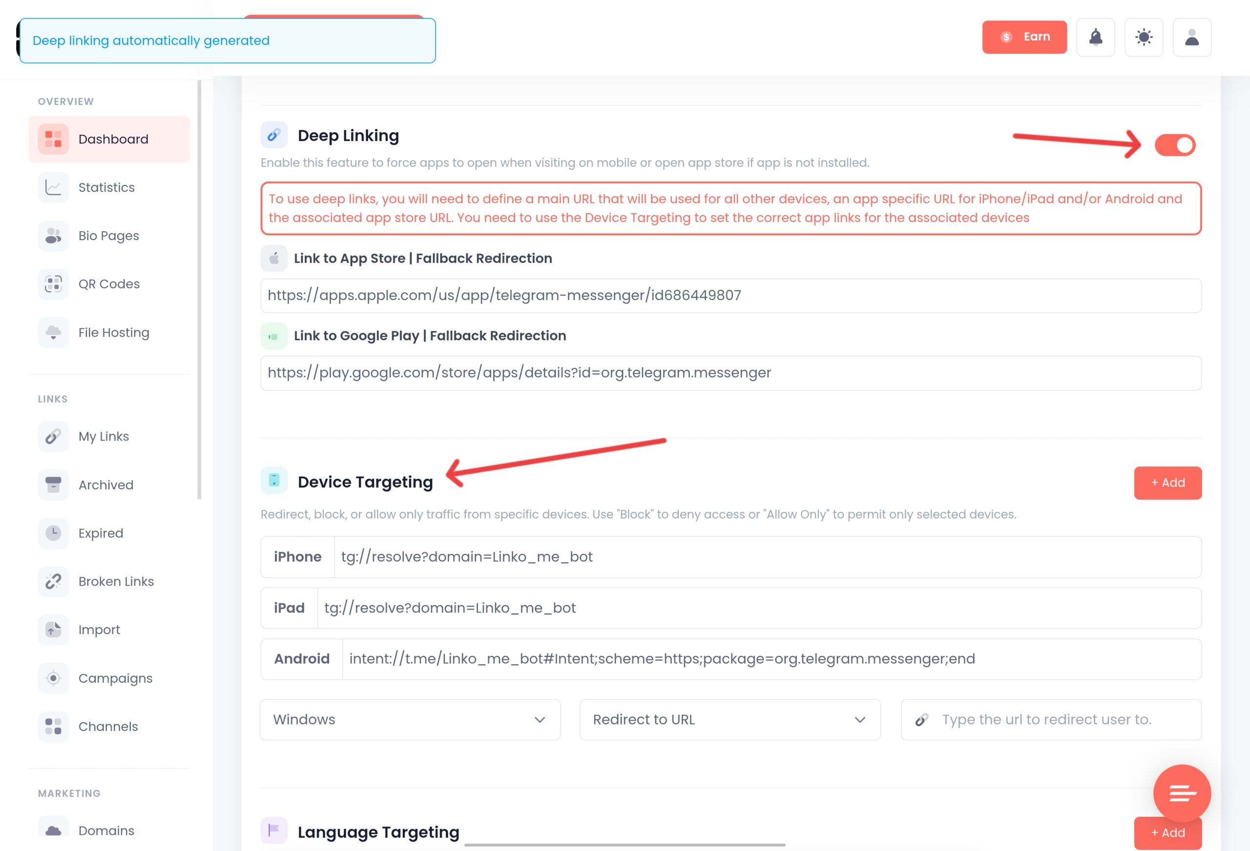 Creating telegram deep link at Linko 