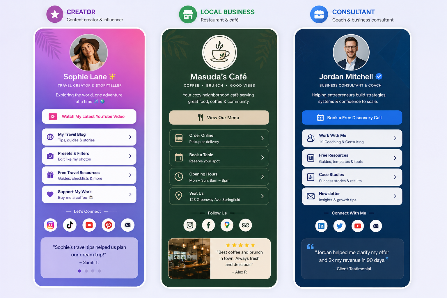 Bio Page examples designed for a creator, local business, and consultant.
