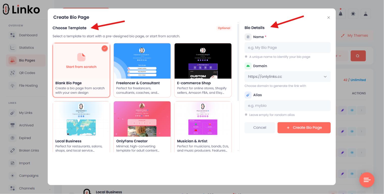 Separate Bio Page controls for templates, themes, and widgets.