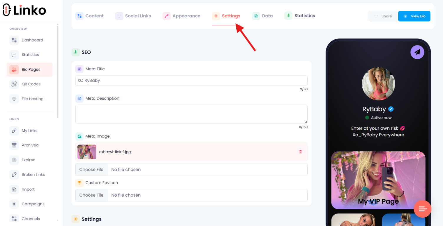 Separate Bio Page controls for templates, themes, and widgets.