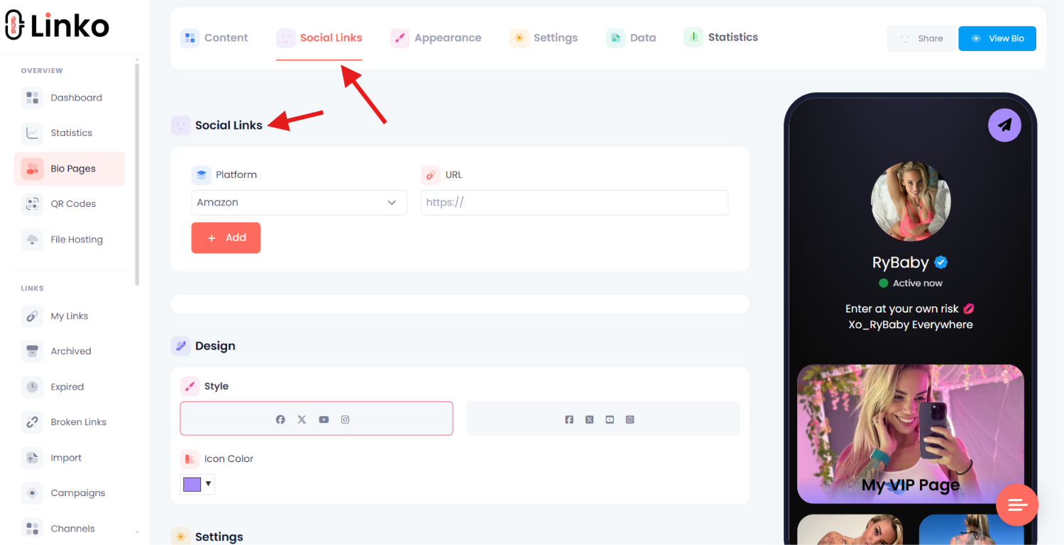 Separate Bio Page controls for templates, themes, and widgets.
