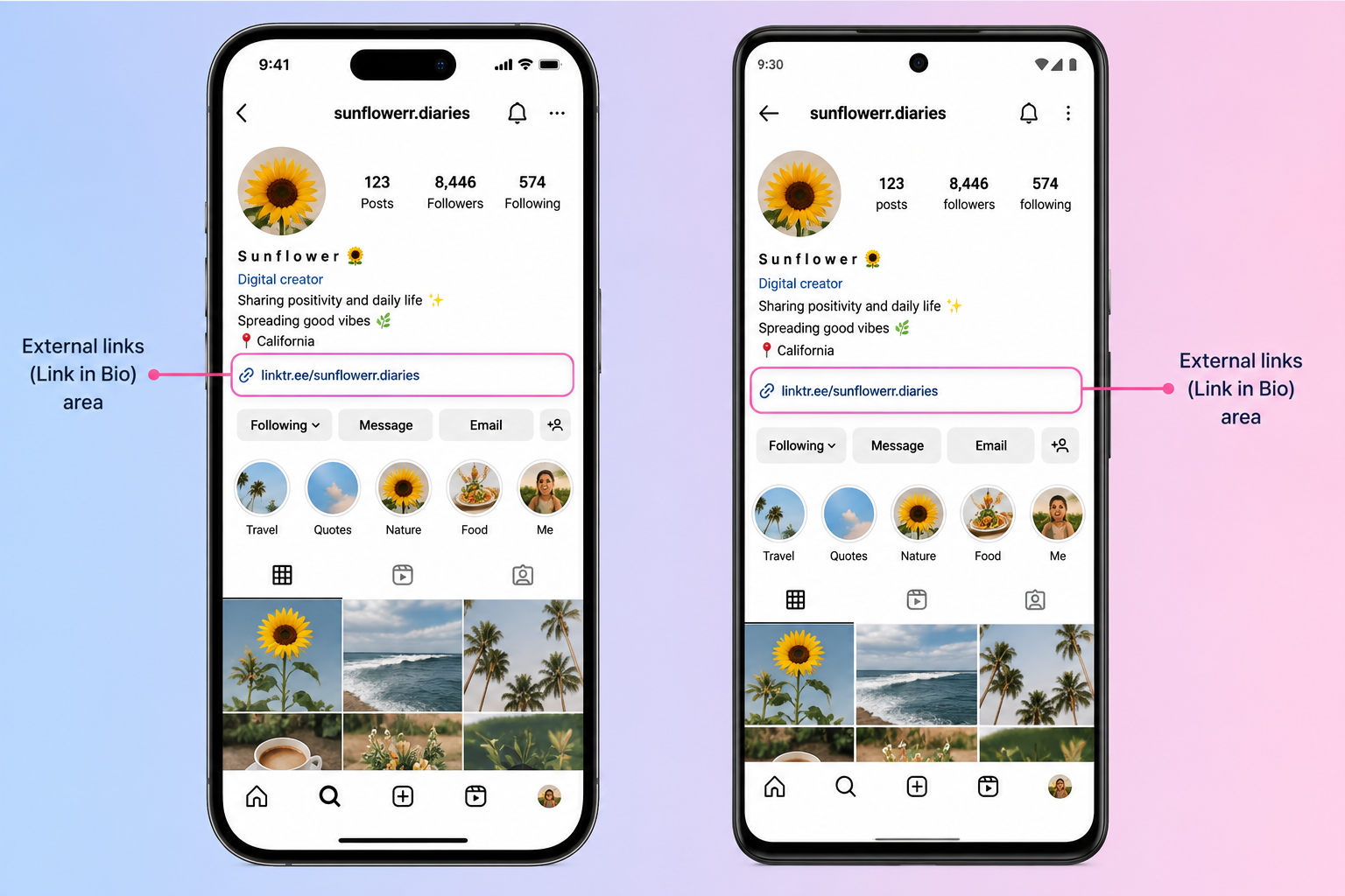 Instagram profile showing where visitors can find external bio links.