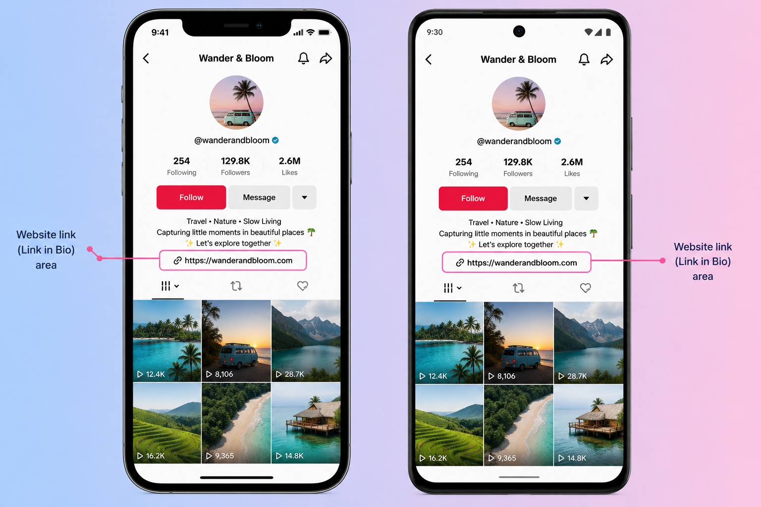 Eligible TikTok profile showing a clickable website link below the bio.