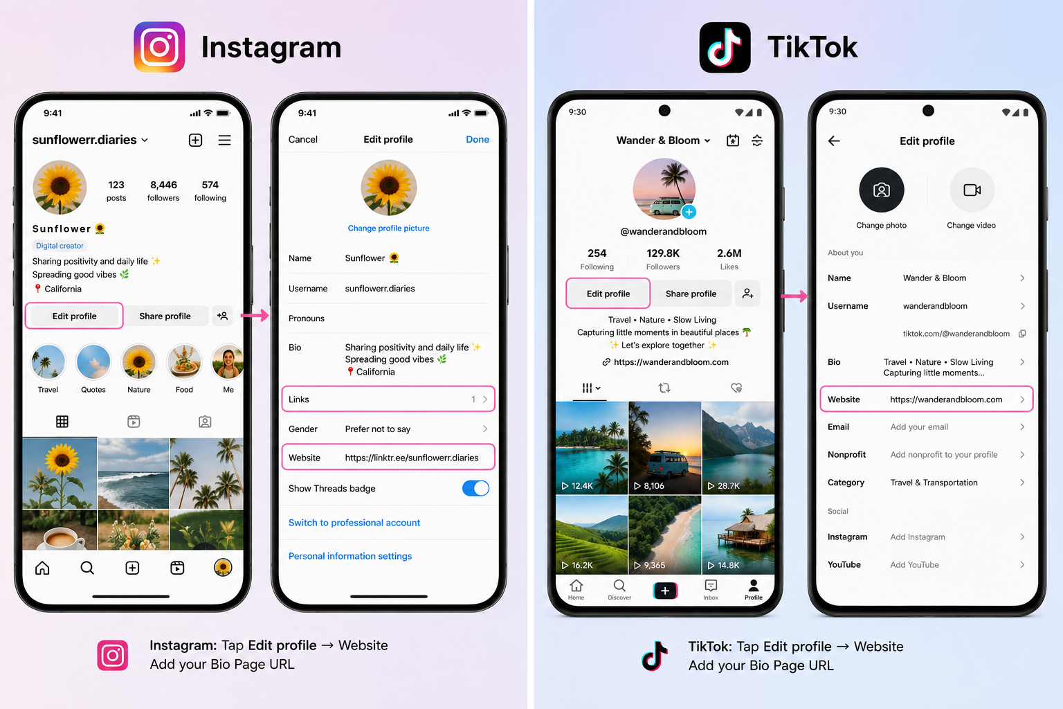 Profile editing screens for adding a Bio Page URL on Instagram and TikTok.