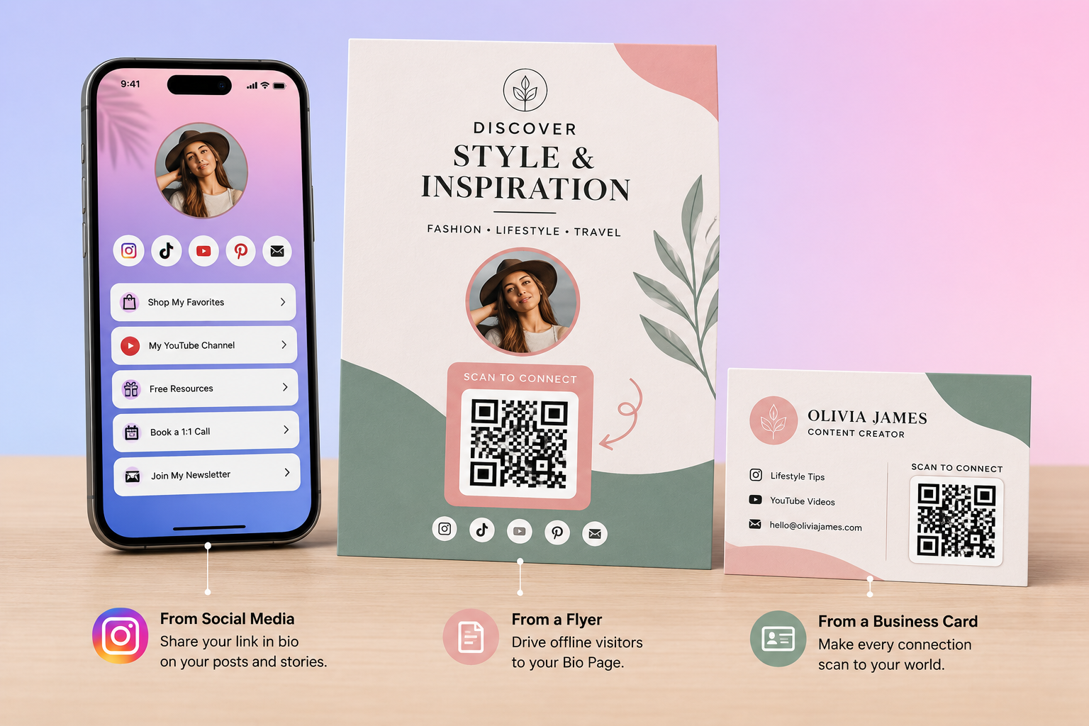 One Bio Page shared from social media, a flyer, and a business card QR code.