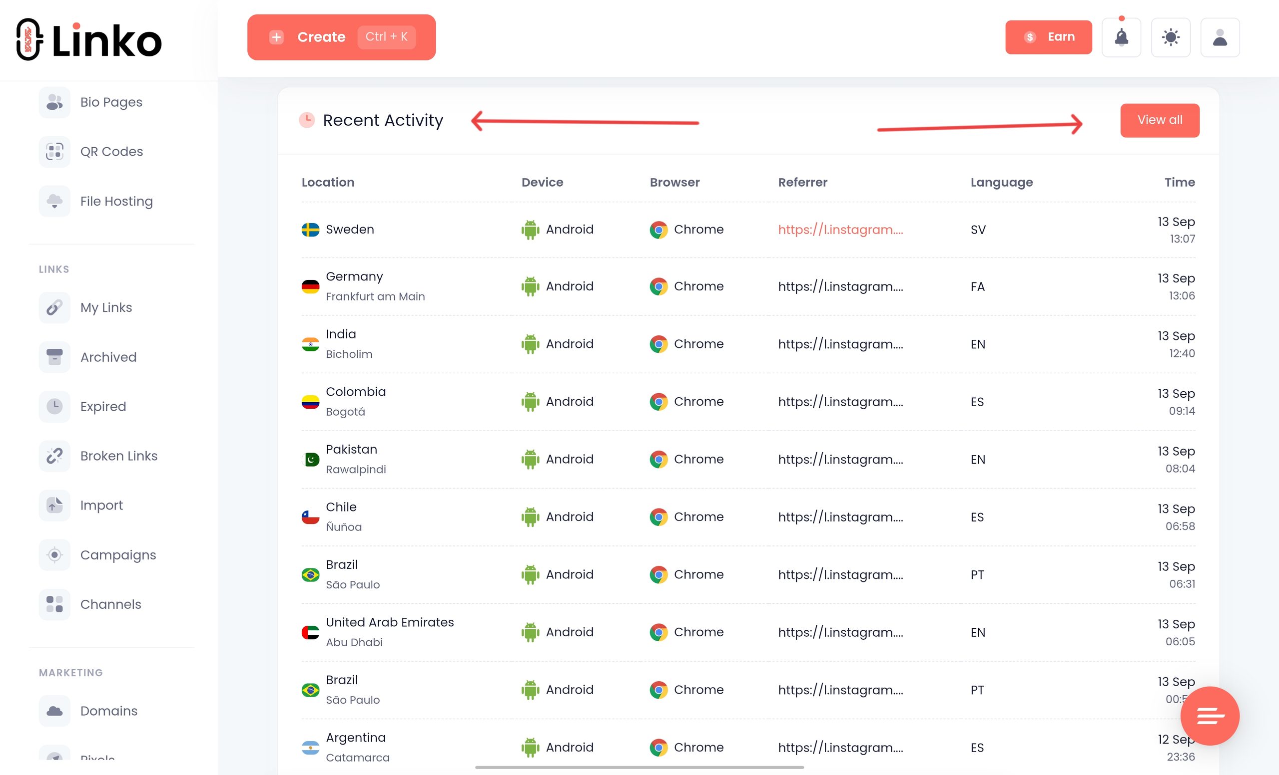 OnlyFans Link Tracker: Track Traffic Sources and Campaigns 9 Linko per link stats page showing recent activity