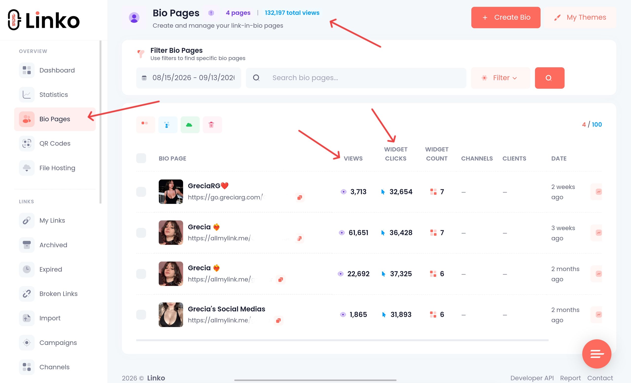 OnlyFans Link Tracker: Track Traffic Sources and Campaigns 5 Linko bio page dashboard