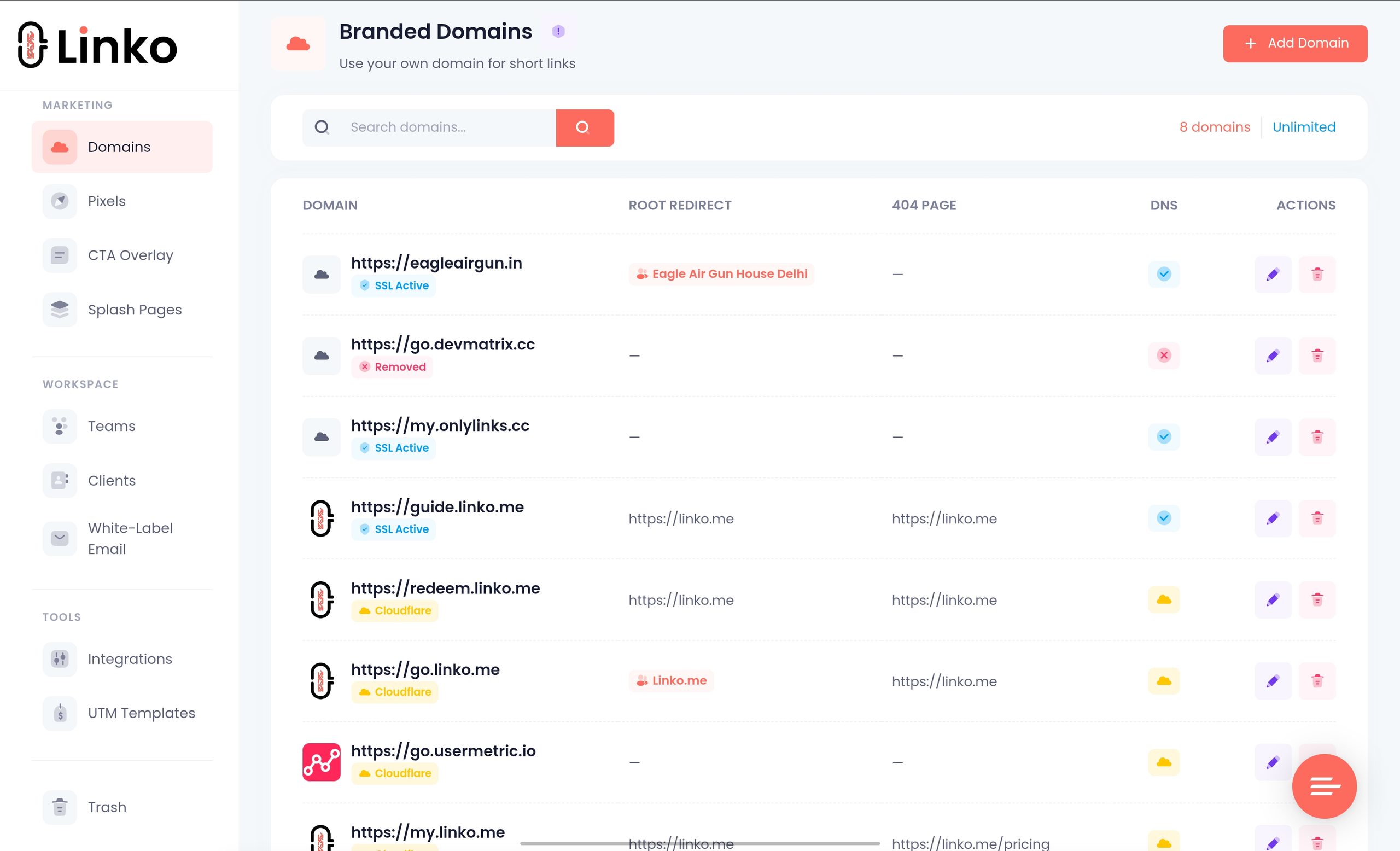 Linko custom branded domain dashboard