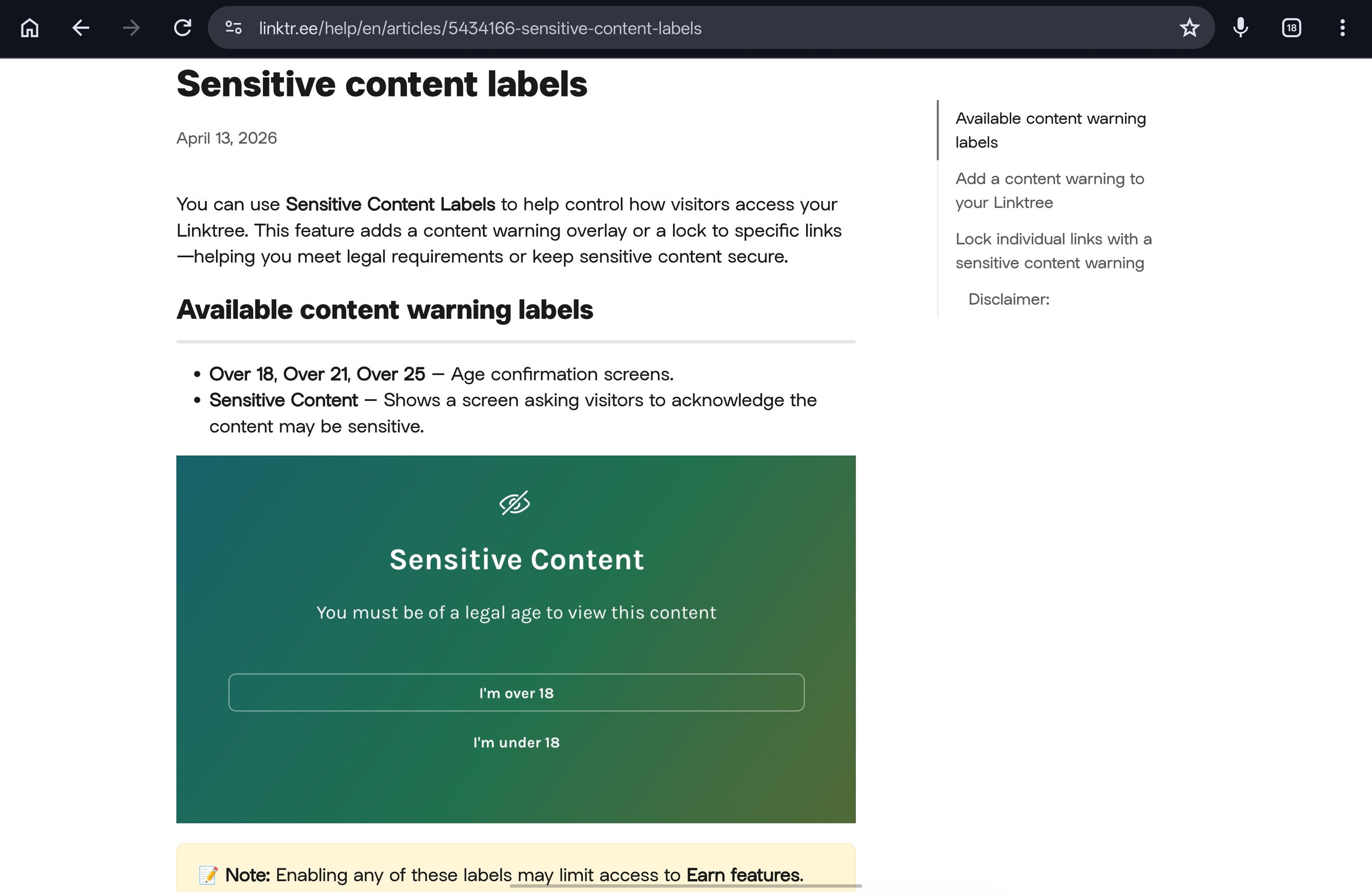 Screenshot from linktree help center article of sensitive content labels. 