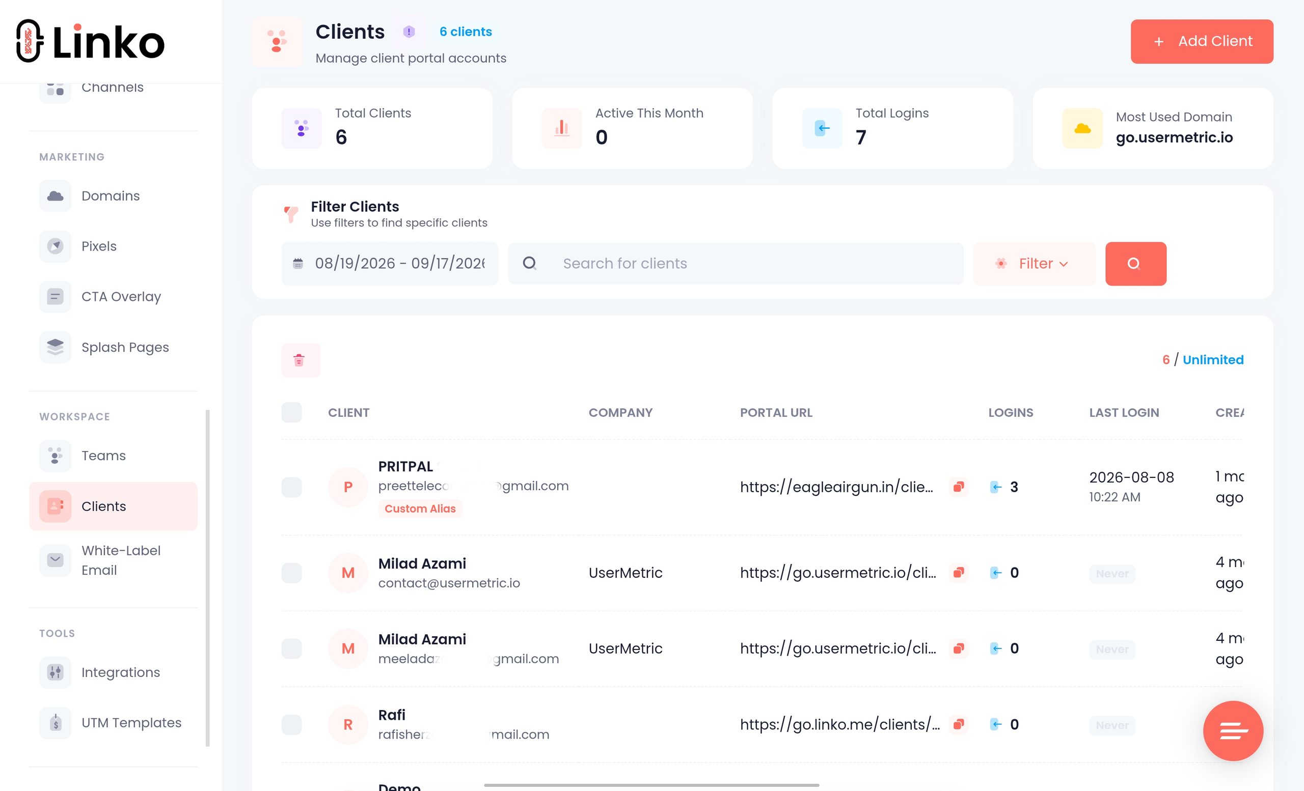 Linko client portal dashboard 